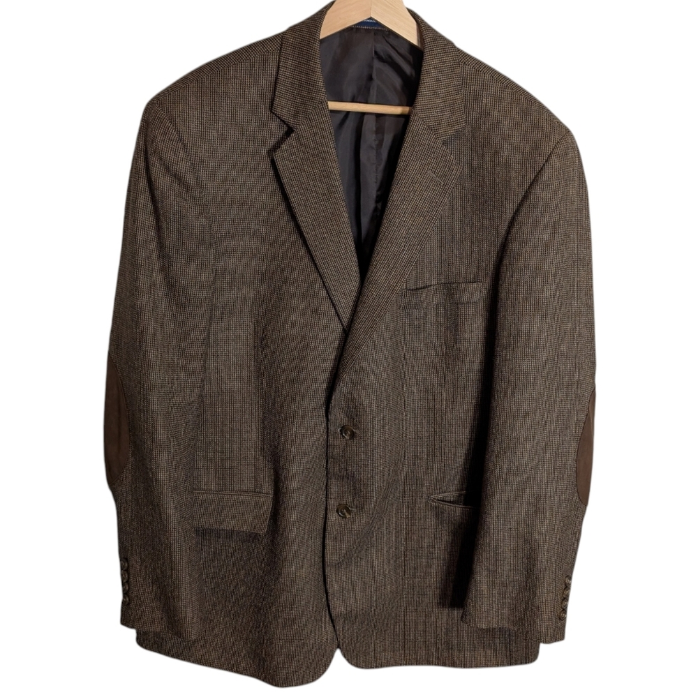 Stafford Essentials Brown Tweed Suede Elbow Patch Wool Blazer Suit Jacket 46L